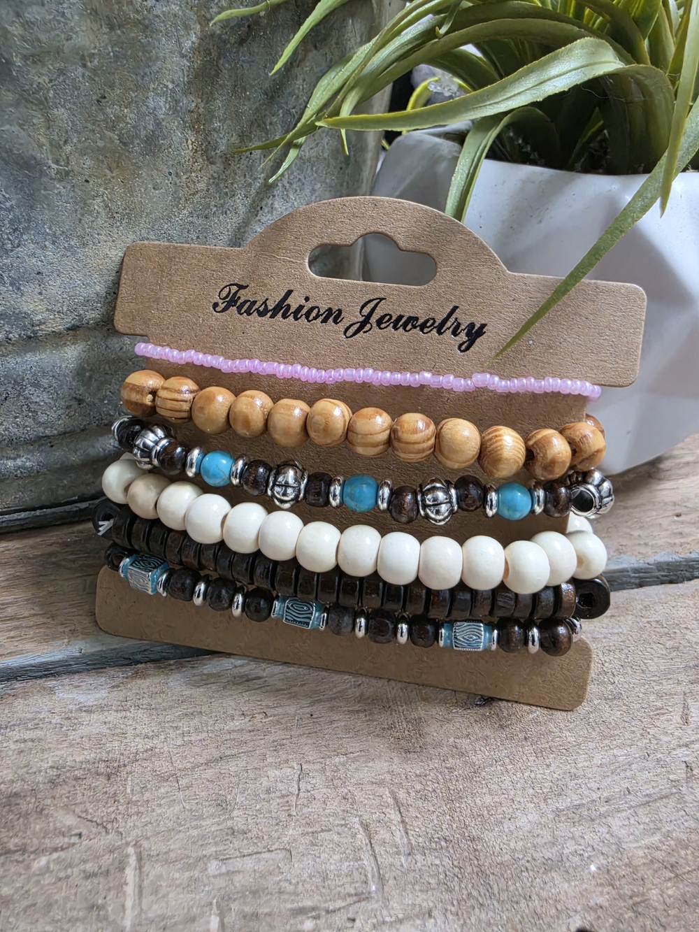Boho Wood Bead Bracelet Set 6 Pc Stackable Stretch Bracelets Turquoise White